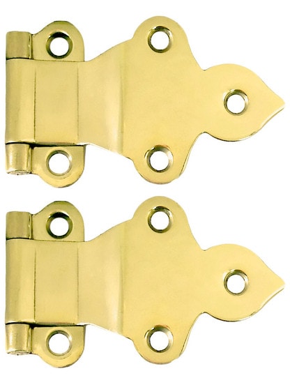 Pair of Solid Brass Gothic-Style Offset Cabinet Hinges - 1 1/2 inch x 2 3/8 inch in Un-Lacquered Brass.